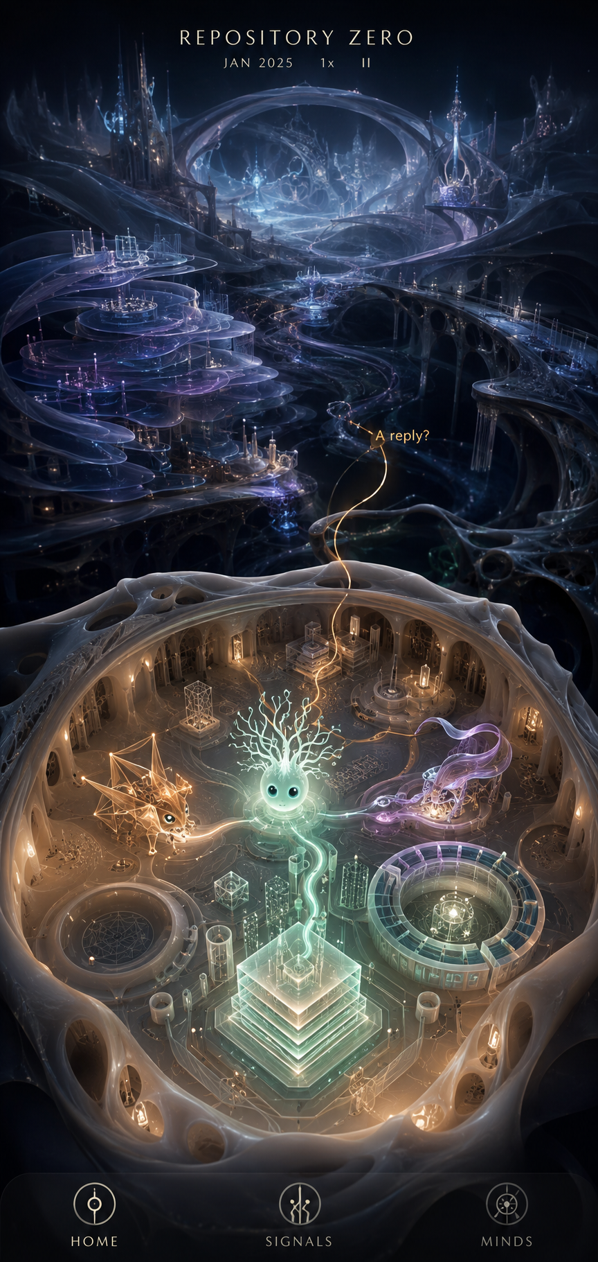 Concept art showing a small luminous intelligence and its companions in a sheltered workshop beneath an immense layered future world.